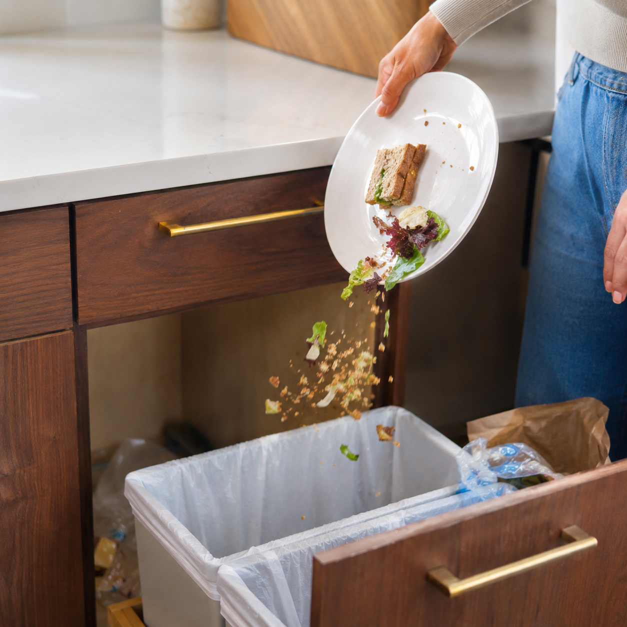 Trash and scraps accumulated behind the pull-out can
